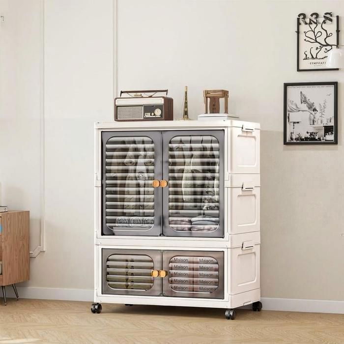 Armoire de rangement pliable et empilable multi-usages avec portes transparentes barre de suspension et roulettes 60 x 35 x 79 cm