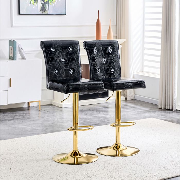 Tabourets de Bar Lot de 2 Réglables en Hauteur avec Repose-Pieds - MODENVIE - PVC Effet Crocodile Noir