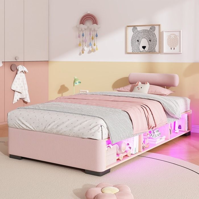 Lit enfant rembourré 90×200cm Lit adolescent Lit simple capitonné en velours avec LED rangements appuis-tête flexibles rose