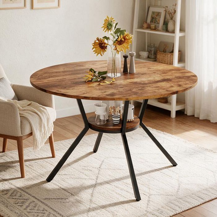 Table à Manger Ronde SORVAGLOS 120 cm Table de Cuisine Étagère de Rangement plateau aspect bois Pieds en Métal Marron