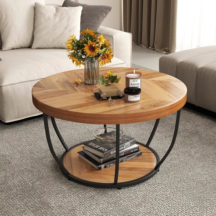 Table basse industrielle 2 niveaux cadre métallique plateau épaissi 80 cm finition bois naturel double plateau rond pour salon