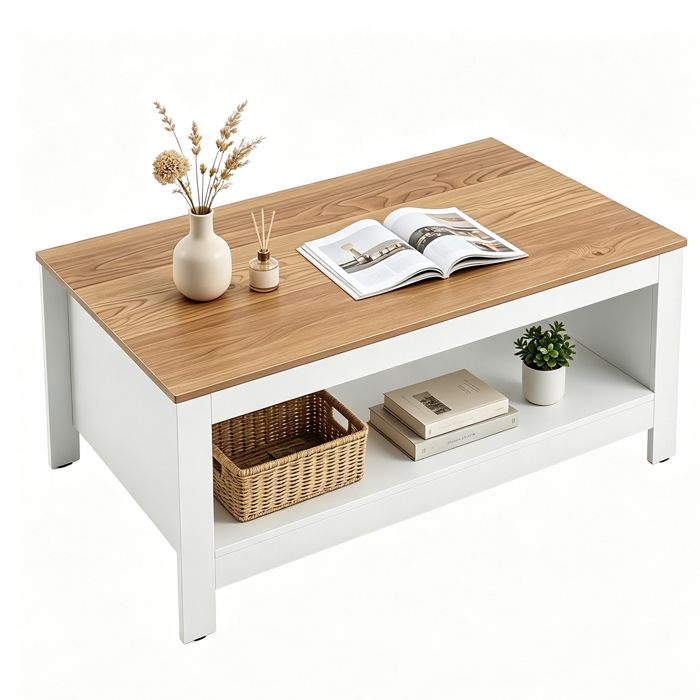 GIANTEX Table Basse Bois Rectangulaire 2 Niveaux Plateau Spacieux et Compartiment Ouvert pour Salon Charge 60 KG 105 X 60 X 46 CM
