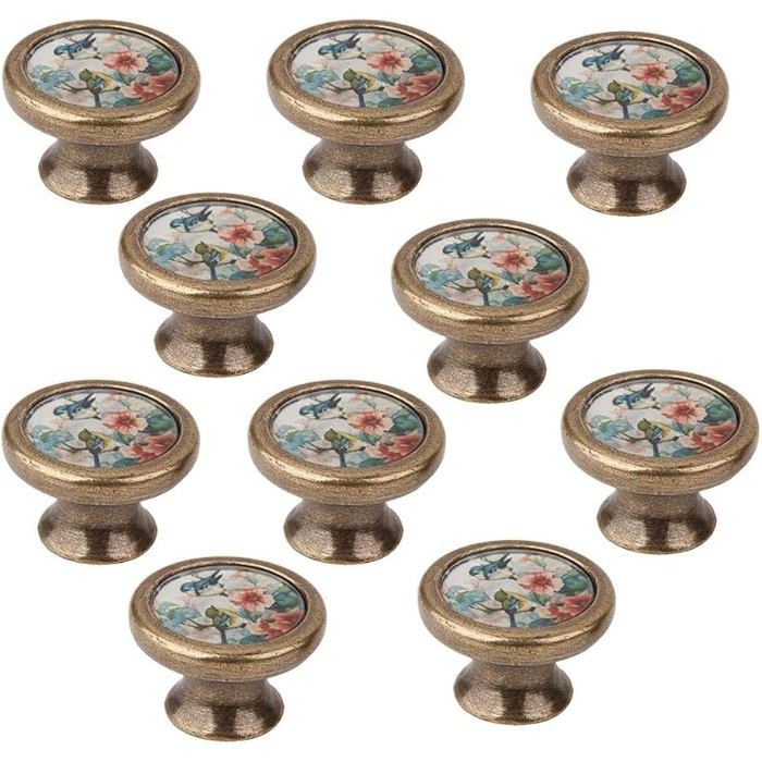 Lot de 10 Bouton de Meuble Motif Oiseaux et Fleurs pour Armoires Tiroirs Coffre Poignées avec Vis Oiseaux et Fleurs