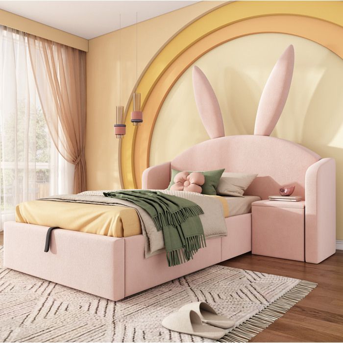 Lit Enfant 90×190 cm avec coffre et table de chevet tête de lit lapin velours rose sans matelas - MEUVYX