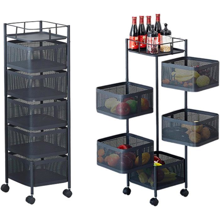 AFF Étagère de rangement rotative 5 niveaux en acier au carbone avec roulettes étagères de rangement pivotantes à 360 degrés noir