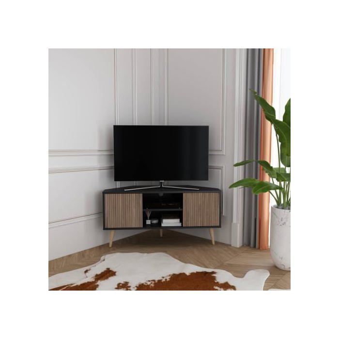 Meuble TV dAngle Moderne 120 cm avec Rangement Banc TV Coin Style Scandinave pour Salon Compatible TV Jusquà 55 Pouces - Noir