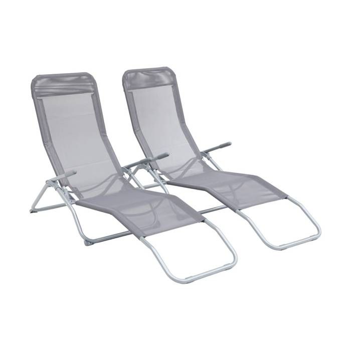 Lot de 2 bains de soleil pliants - Levito Gris Anthracite - Transats textilène 2 positions. chaises longues Lot de 2 bains de soleil pliants - Levito Gris Anthracite - Transats textilène 2 positions. chaises longues