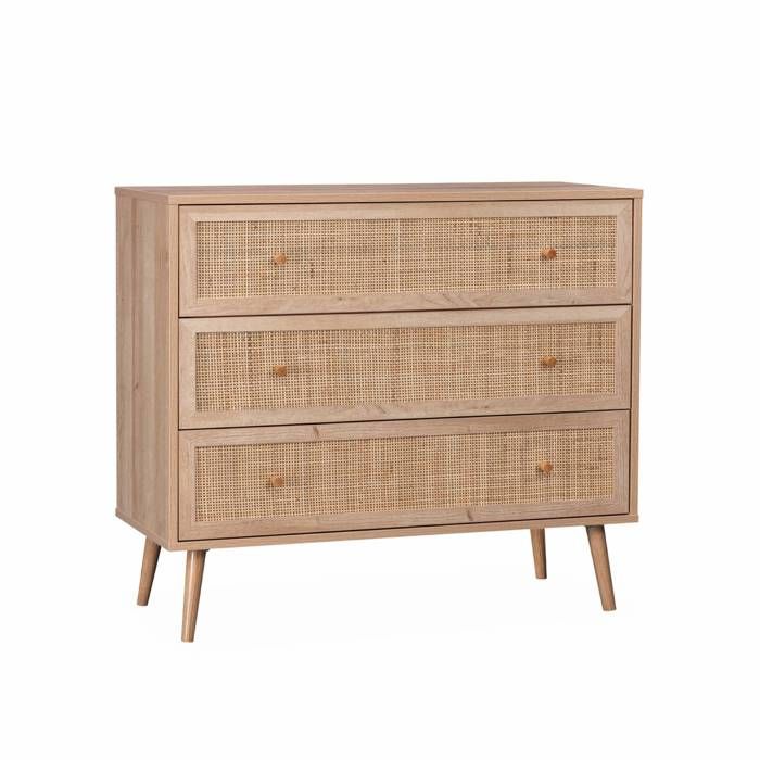 Commode en décor bois et cannage 90x39x79cm - Bohème - 3 tiroirs