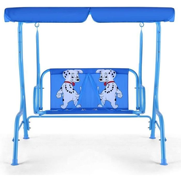 Balancelle de Jardin 2 Places pour Enfant - GOPLUS - Ceinture Sécurité - Auvent Anti-UV - Motif Chiot Bleu