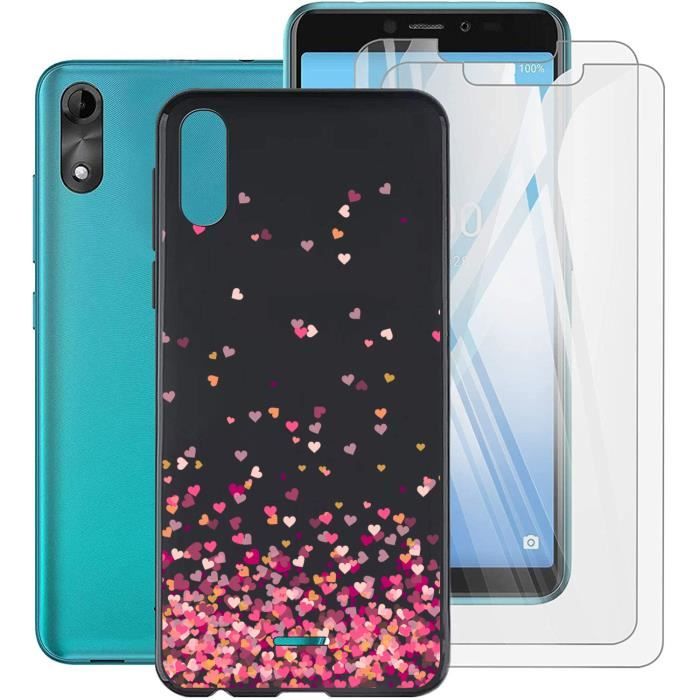 2 Pack verre trempé + Pour Wiko Y51 Noir Silicone Coque téléphone Mode Mince Doux Protection - L'amour [U]