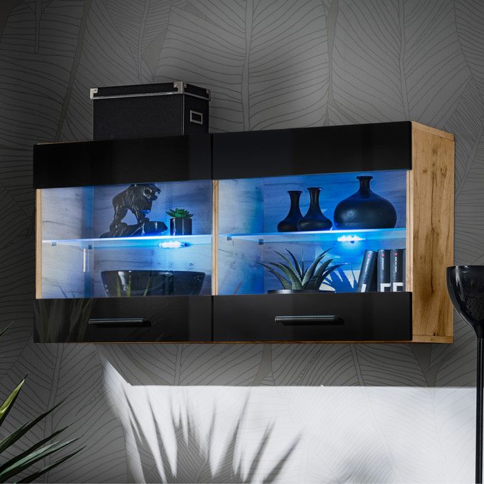 Vitrine Armoire Savona Komodee - LED bleues - Noir Brillant et Bois Naturel - Facades en Brillant - 100 x 50 x 30 cm Vitrine Armoire Savona Komodee - LED bleues - Noir Brillant et Bois Naturel - Facades en Brillant - 100 x 50 x 30 cm