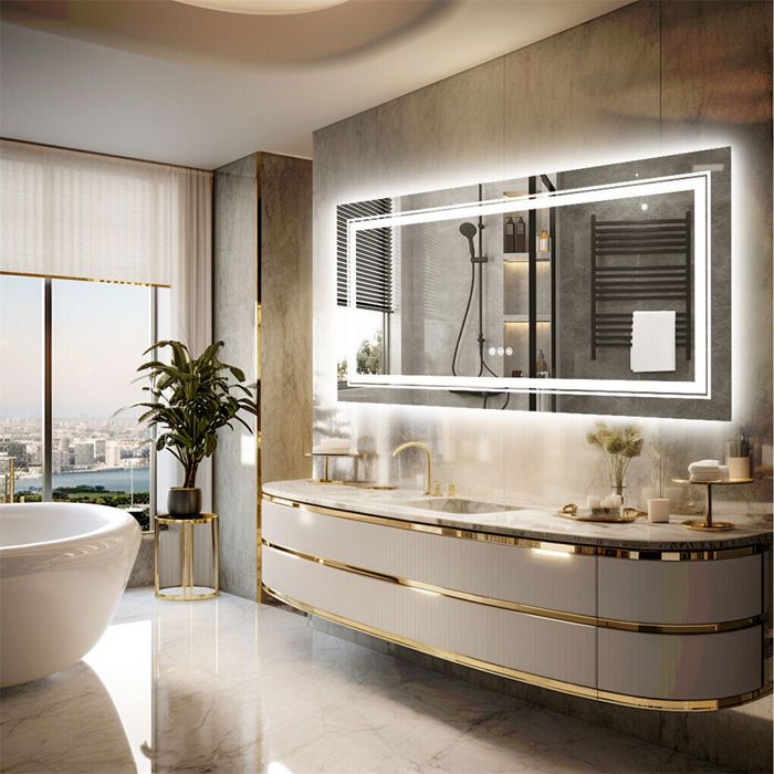 Miroir De Salle De Bain LED LISBONA Avec Bluetooth, Horloge Et Interrupteur - Design Moderne Argenté - Neuf