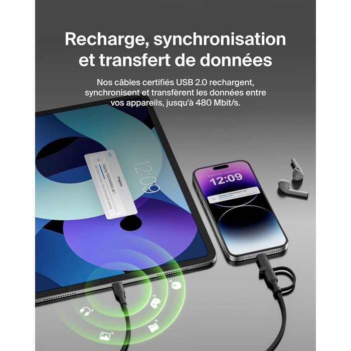 Adaptateur USB 2 en 1 USB C et Lightning 1m50 noi - vue 3