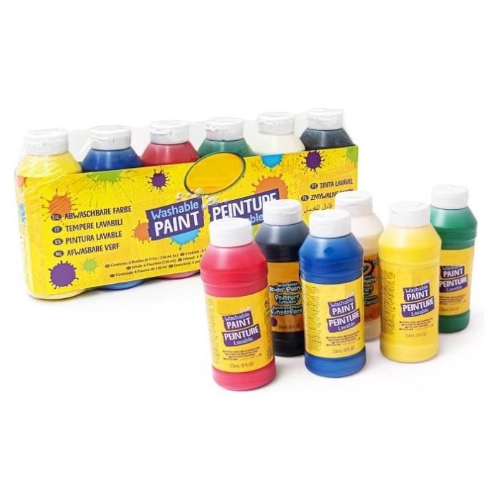 Pack 6 bouteilles de peinture lavable enfant 6x236ml Gouache couleurs  assorties Set accessoires loisirs creatif et carte