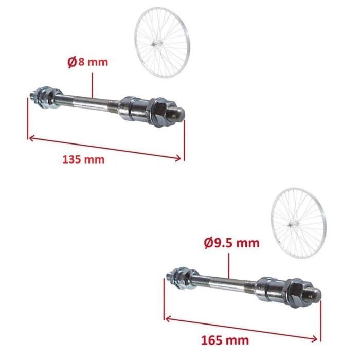 Axe de roue avant et arrière pour vélo - CYCLINGCOLORS - Diamètre 8mm et 9,5mm - Longueur 135mm et 165mm