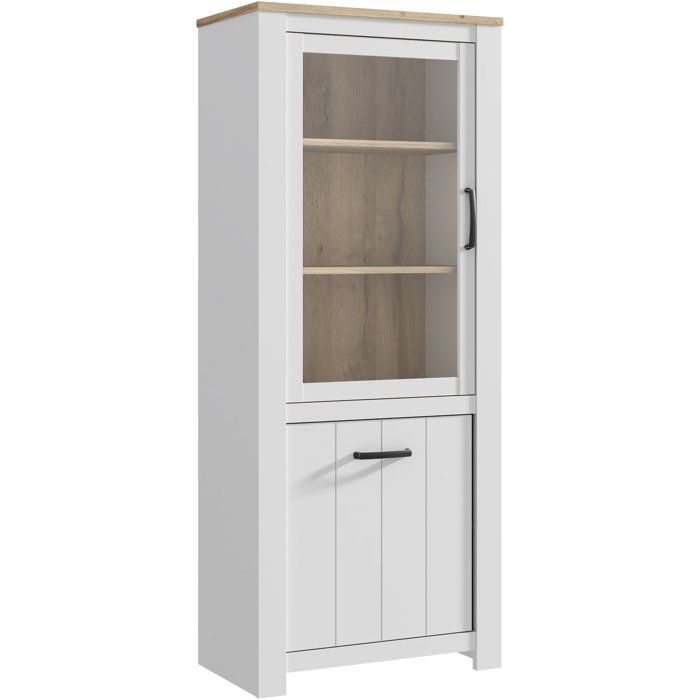 Vitrine - ELARA - 2 portes dont 1 vitrée - Chêne / Blanc mat - 769 x 422 x 1855 cm