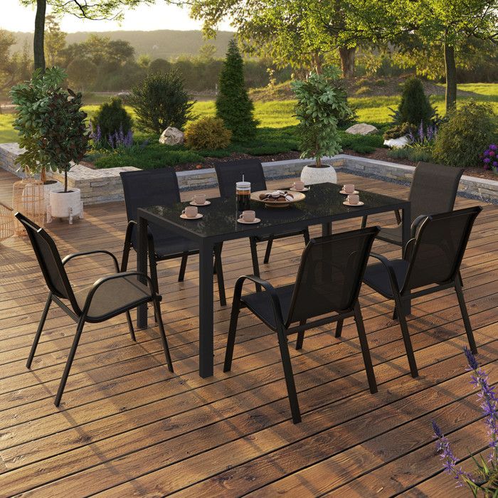IDMARKET Salon de jardin MADRID table 150 CM et 6 chaises empilables noir IDMARKET Salon de jardin MADRID table 150 CM et 6 chaises empilables noir