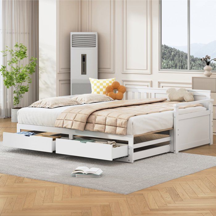 Lit gigogne – 90×190/180×190 cm Lit simple/double Canapé-lit multifonctionnel 2 en 1 avec lit en pin tiroirs et lit gigogne blanc