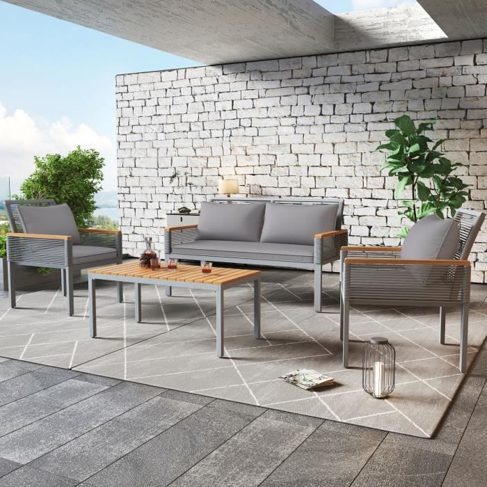 salon de jardin 4 places avec table basse, style industriel, en métal et bois, gris