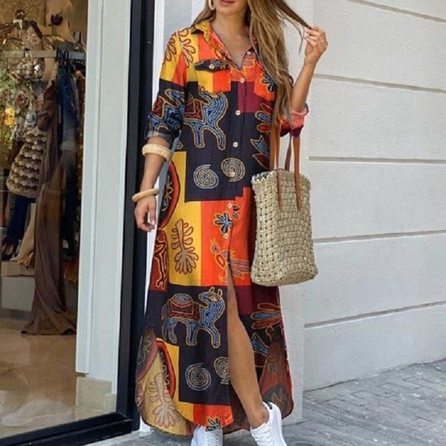 Robe Robe longue pour femmes col a revers boutons imprime de lettres decontractee manches longues tenue de soiree ete 04 Yellow D Blanc Cdiscount Pret a Porter
