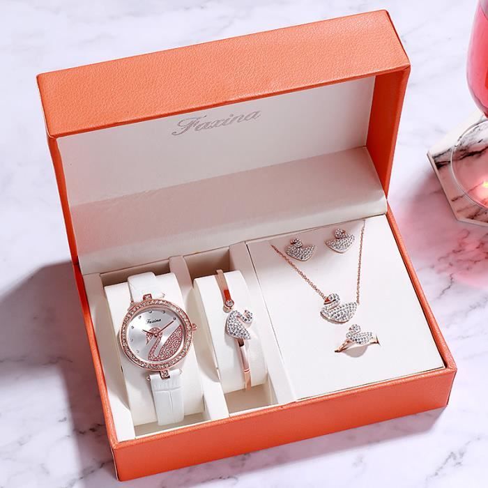 SHARPHY Coffret cadeau montre femme bracelet collier diamant des boucles d'oreilles cristal cygne quartz bracelet en cuir blanche