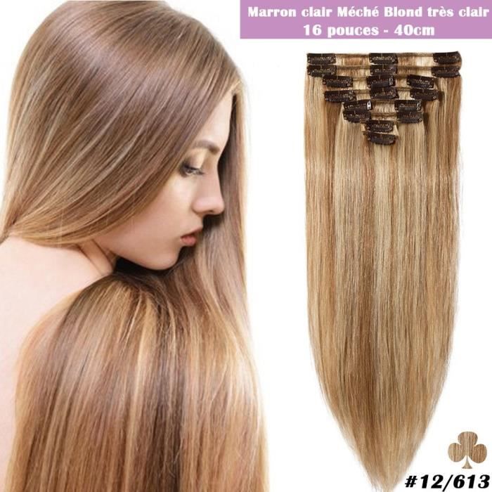 Extensions de Cheveux Naturels a Clips 8 Bandes 18 clips Raide 12