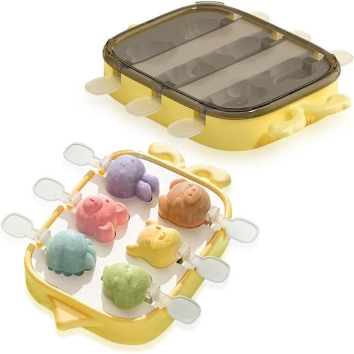 Moule à Glace En Silicone Animaux - 6 Cavités - Réutilisable - Avec Bâtonnets - Pour Crème Glacée Maison, Popsicles, Desserts (Jaune)