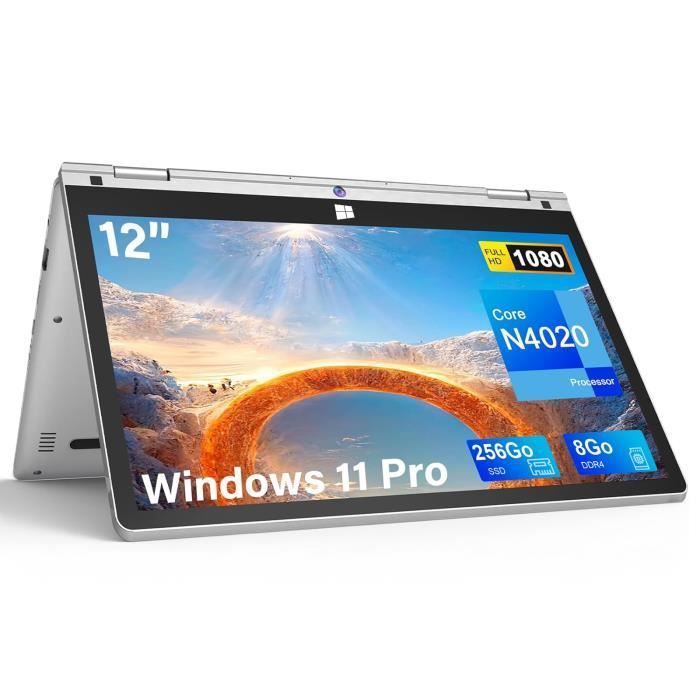 PC portable 12-écran tactile-rotation 360°Ordinateur portable- Windows11 Pro-8 Go RAM 256 Go SSD-Intel Celeron-Argent-AZERTY