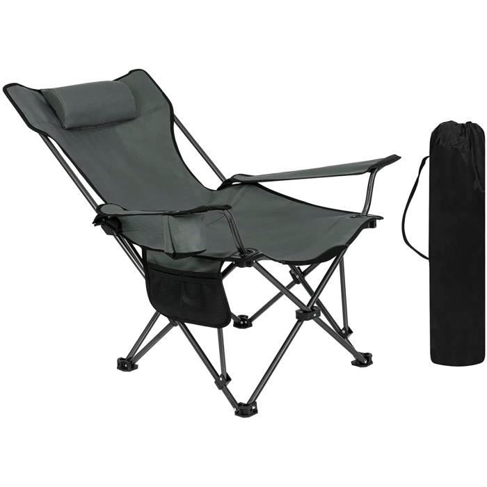 WOLTU Chaise de Camping, Fauteuil de Pêche Avec Appui-tête, Porte-gobelet, Poche de Rangement, Sac de Transport, Gris