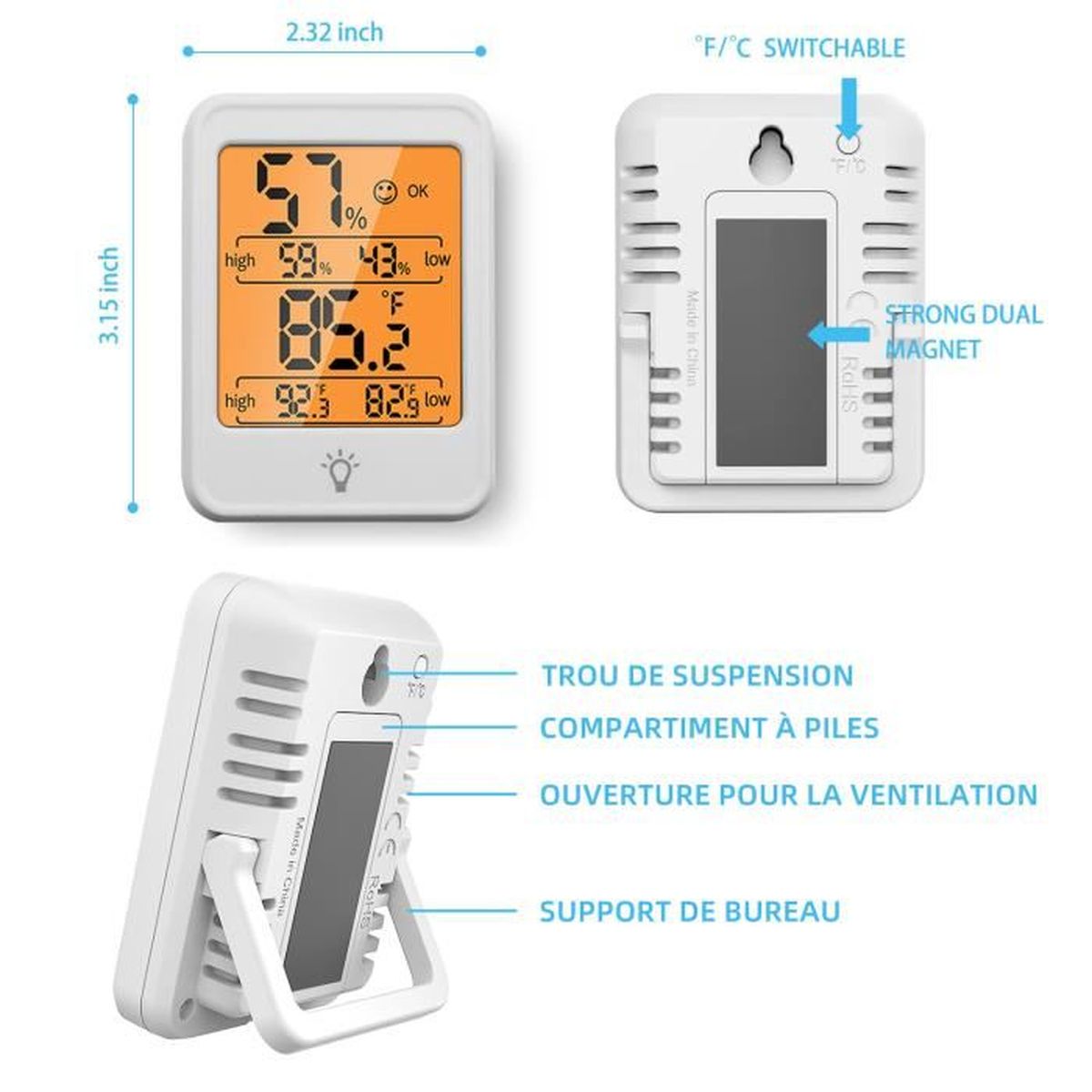 eMylo Mini Thermomètre Hygromètre Intérieur, Bluetooth D'ambiance Moniteur  de Température et Humidimètre avec APP Contrôle, Stockage de Données, pour
