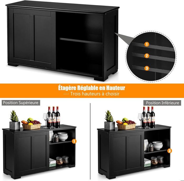 Buffet Cuisine Rangement GIANTEX - 2 Portes Vitrées Coulissantes, Étagère Réglable, 107 X 33 X 64 Cm Noir