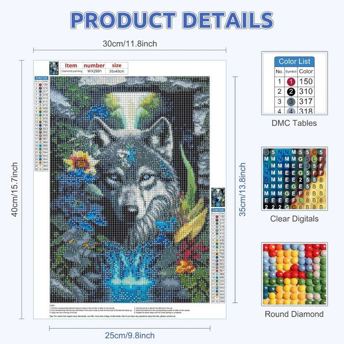 Kit Diamond Painting 5D Loup - 30x30 Cm, Peinture Aux Strass Complète, Pour Adultes Débutants, Décoration Murale