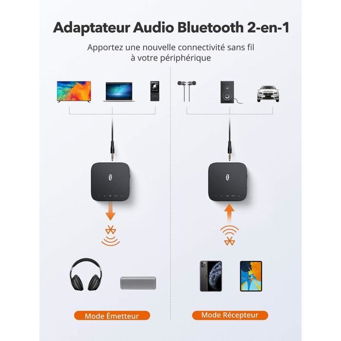 Transmetteur / récepteur Bluetooth 5.0, adaptateur audio sans fil Taotronics  2-en-1 3,5 mm (aptx faible latence, 2 appareils simultanément, pour système  de son TV / maison