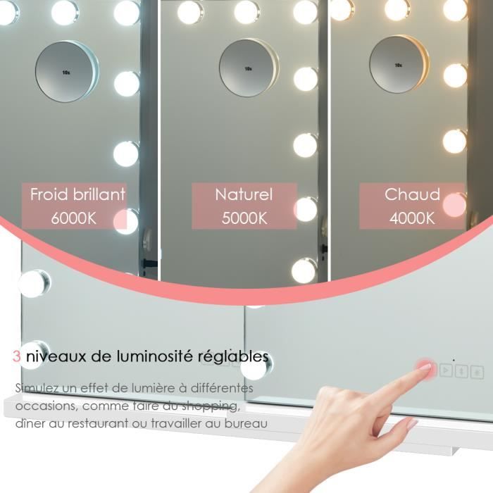 Miroir Maquillage Lumineux Led 18 Ampoules 3 Couleurs Luminosité Ajustables  Ecran Tactile & Loupe de Grossissant