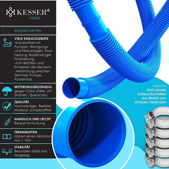 Tuyau Filtration Piscine 12m Tuyau Piscine VidaXL 38mm 12m - LDPE Bleu, Résistant UV, Avec Colliers Serrage Tuyau Piscine 38mm
