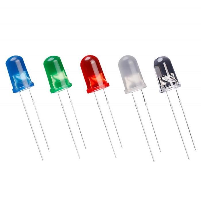 500pcs Diode Électroluminescente,5mm LED Diodes à Tête Ronde Ampoule Lampe,  Blanc-Rouge-Jaune-Vert-Bleu(100pcs Chaque Couleur)[174] - Cdiscount  Bricolage