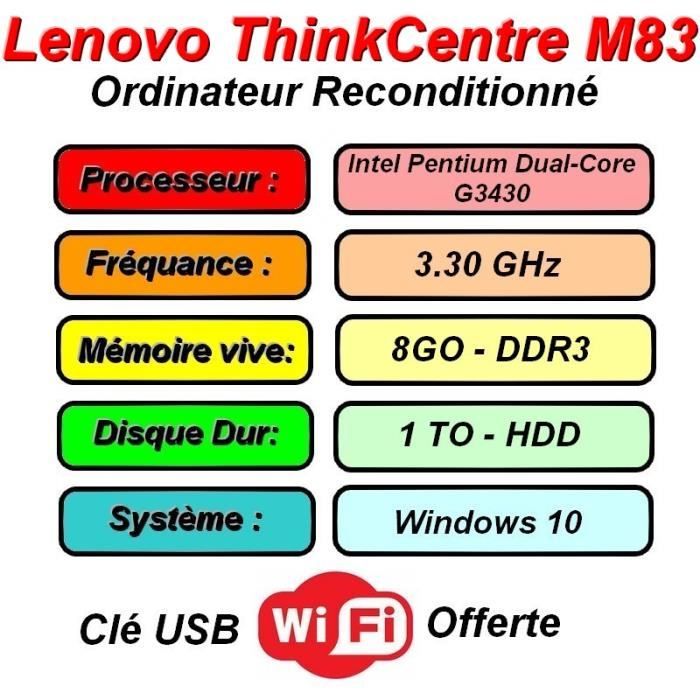 Pc Bureau Complet 19 Pouce écran;modele UNITÉ CENTRAL Lenovo thincentre m83  Core i3-4130 @ 3.40 ghz démarrage sur un SSD 120 - Cdiscount Informatique