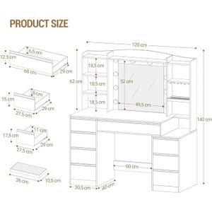 Grande Coiffeuse Blanche Avec Miroir LED 3 Couleurs, Plateau Verre Et Rangement - EFST35W