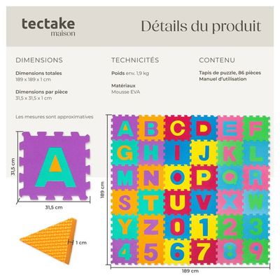 Tapis Puzzle Pour bébé - KEDIA - Alphabet et chiffres - Mousse EVA