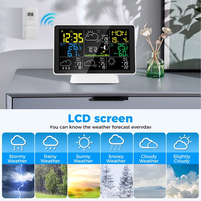 Station météo Wi-Fi SucceBuy 7 en 1,écran couleur 7,5 pouces. Avec capteur extérieur sans fil solaire et alertes d'alarme | Leroy Merlin