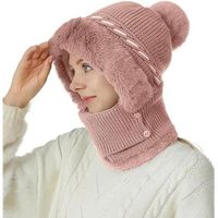 Bonnet Femme Hiver Chaud avec Pompon Chapeau d'écharpe Tricoté Casquette Masque Facial Doublure en Peluche-Rose