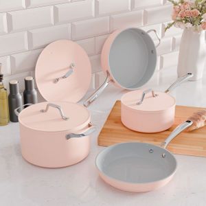 Casserole vintage en émail rose avec couvercle / Batterie de cuisine blanche peinte à l'aérographe / Rebord bleu foncé pour cuisiner - Canada