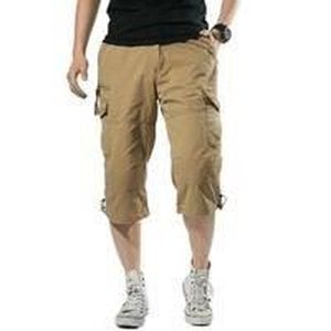 PANTACOURT Pantacourt cargo pur coton homme Marque couleur unie Bermuda battle en coton pour sport ou course plusieurs poches short-Kaki