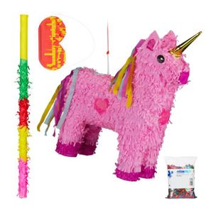 Piñata 4 tlg. Pinata Set Einhorn, XXL Konfetti Sack Metallic, Pinatastab & Augenmaske, Einhornpinata, Stock und Maske, pink