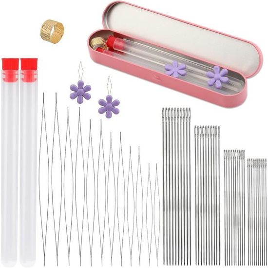 Lot De 47 Aiguilles à Perles - 6 Tailles Gros Œil + 5 Tailles Fines, Avec Ciseaux Et Boîte Métal - 11
