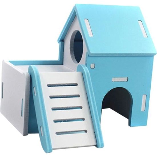 Cabane Lapin Maison en Bois pour Hamster avec Jouet Echelle Exercice de Petits Animaux Bleu