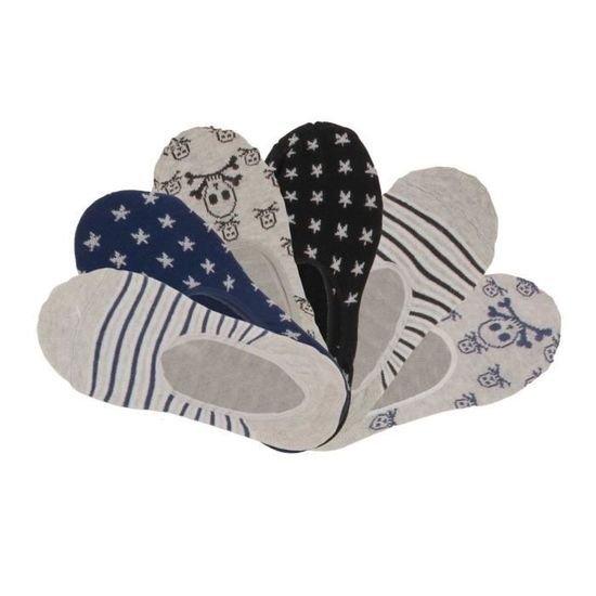 Chaussettes invisibles fille lot de 6 OZABI Motifs rayures etoiles et tetes de mort Gris Marine et Noir