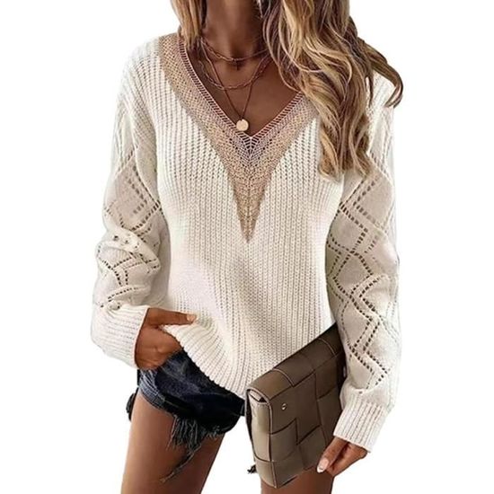 Pull Femme Tricoté Col V - Manches Longues Ruchées - Doux Et Fins - Taille Unique