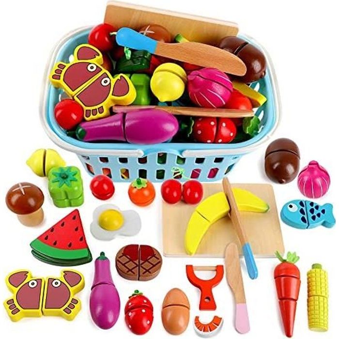 Fruits et Légumes Jouets Ustensile Cuisine en Bois, Dinette en Bois, Dinette Enfant avec Panier, Cadeau pour Garçon Fille 3-6 Ans+