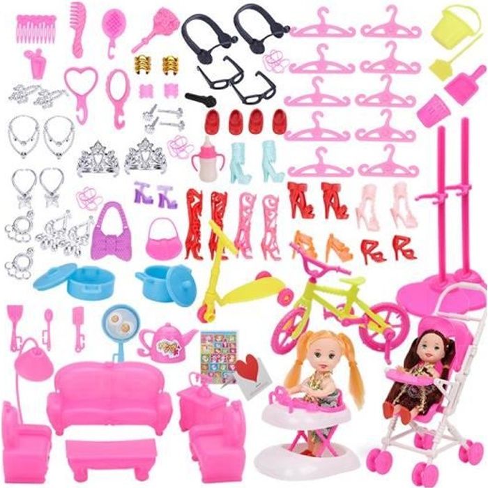 108pcs + 10 Jupes Accessoires de Poupée Lunettes de Vêtements Pour Les Chaussures Collier Robe de Poupée Barbie Couleur Aléatoire